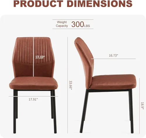 Vista 4 de Juego de 2 sillas de comedor de piel sintética marrón, cómodas sillas de cocina tapizadas sin brazos con patas de metal negro para sala de estar