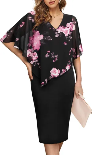 Vista 2 de Bodhi talk - Vestido ajustado hasta la rodilla con cuello en V y manga tipo capa para mujer