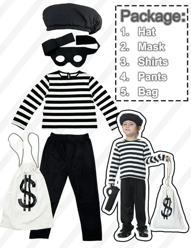 Vista 2 de YuDanae 5Pcs Kids Robber Costume Set Bank Burglar Bandit Thief Role Play Halloween Costumes for Toddlers Kids Boys Aged 4-10