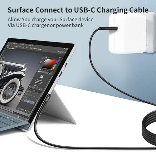 Vista 7 de Adaptador de carga rápida USB-C a Surface Pro, cable negro tipo C, requiere 15V/3A 45W PD USB-C cargador para Microsoft Surface Pro 7/6/5/4/3/X