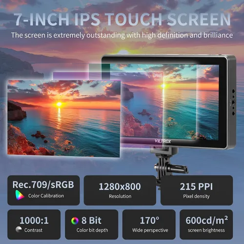 Vista 2 de VILTROX Monitor de campo de cámara de 7 pulgadas, monitor de cámara táctil de 7 pulgadas, monitoreo de video Full HD 1920x1080, Lut 3D, desfile RGB