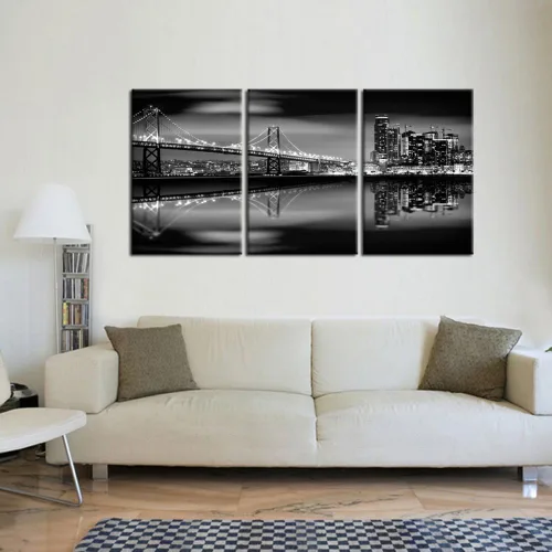 Vista 2 de KREATIVE ARTS - Bahía de San Francisco por la noche en puente blanco y negro, 3 paneles de arte de paisaje moderno, impresiones sobre lienzo, arte