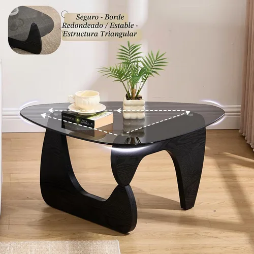 Vista 6 de LukeAlon Mesa auxiliar triangular moderna color negro y gris, parte superior de vidrio templado y base de madera, mesa auxiliar geométrica abstracta