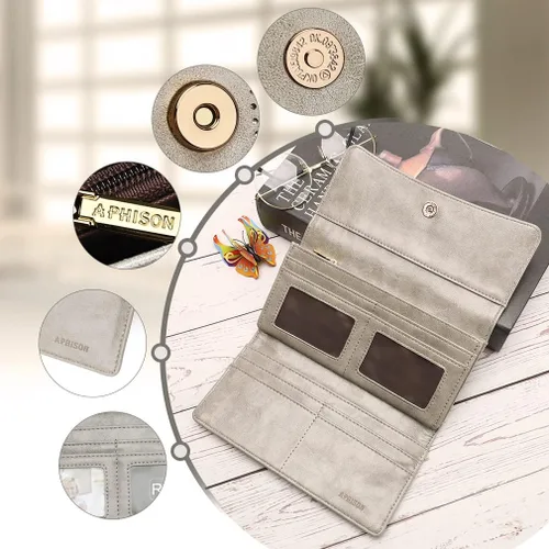 Vista 5 de Aphison - Cartera larga de cuero suave RFID para mujer, con caja de regalo