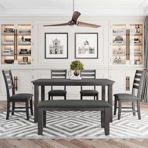 Vista 9 de Merax Juego de mesa de comedor retro de 60 pulgadas, mesa de cocina rectangular de madera con 4 sillas tapizadas y 1 banco para comedor y cocina Gris