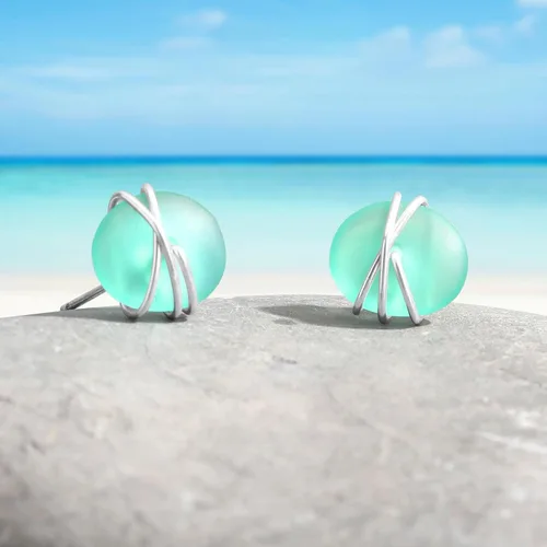 Vista 8 de Sea Glass Earrings S925 Sterling Silver Hypoallergenic Handmade Stud Post Earrings Beach Glass Fashion Handcraft Jewelry earrings stud earrings from