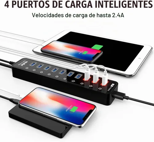 Vista 3 de Hub USB 3.0 alimentado, atolla 11 puertos, 7 puertos de datos USB 3.0+4 puertos de carga USB 3.0 Hub with Individual On/Off Switches and 12V/4A