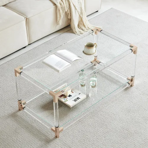 Vista 13 de Saint Mossi - Mesa de centro redonda dorada con tapa de vidrio transparente y estante de cristal Vidrio claro