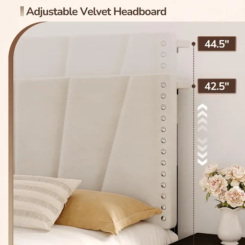 Vista 2 de EnHomee Base de cama de plataforma individual con cabecera ajustable tapizada de terciopelo, luces LED y estación de carga para dormitorio, Beige