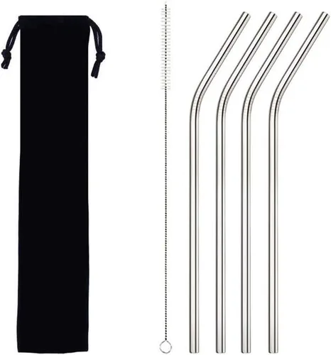 Vista 3 de Pajitas de metal con cepillo de limpieza para beber de acero inoxidable reutilizable (2 rectas+2 dobladas+1 cepillo)
