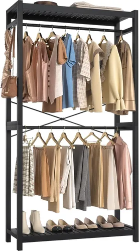 Vista 11 de Homykic Perchero de bambú para colgar ropa, perchero resistente con estantes ajustables de 7 niveles, varillas dobles, 4 ganchos, sistema de armario