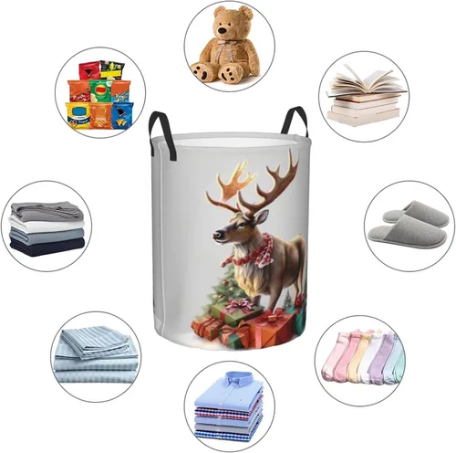 Vista 6 de Cesta circular con estampado de renos para regalo de Navidad, impermeable, cesta organizadora de lavandería, con asas, para ropa, juguetes, pequeña