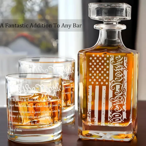 Vista 7 de Set de decantador de whisky para hombres, juego de decantador We The People con vasos, decantador grabado con bandera americana para regalos