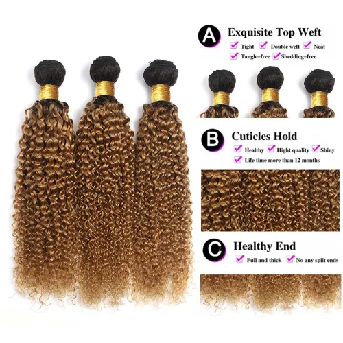 Vista 3 de Paquete 1B27 de Cabello Humano Rizado Crespo Rubio Miel de Dos Tonos Ombré Rubio Paquetes de Cabello Humano 8 10 12 Pulgadas Paquete Rizado Ombré