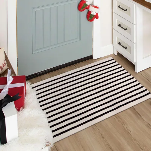 Vista 3 de KIMODE - Alfombra de algodón tejida con diseño a rayas en color negro, para puerta de entrada, cocina, decoración de estilo rústico