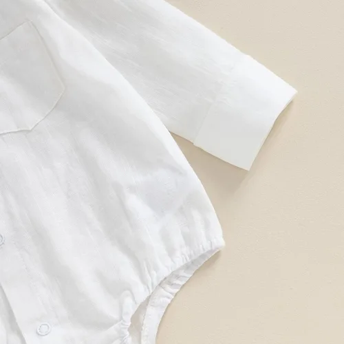Vista 5 de Mameluco de camisa con botones para bebé, mameluco de burbujas con solapa blanca, color sólido, básico, ropa