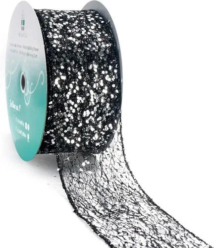 Vista 30 de Cinta con alambre de malla brillante con purpurina de 6 x 10 yardas, color negro para decoración del hogar, lazo para envolver regalos