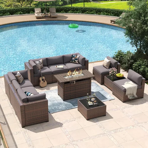 Vista 16 de Aoxun - Juego de 7 piezas de muebles de patio de mimbre de ratán, conjunto de sofá modular para conversación de patio con mesa de café y cojines