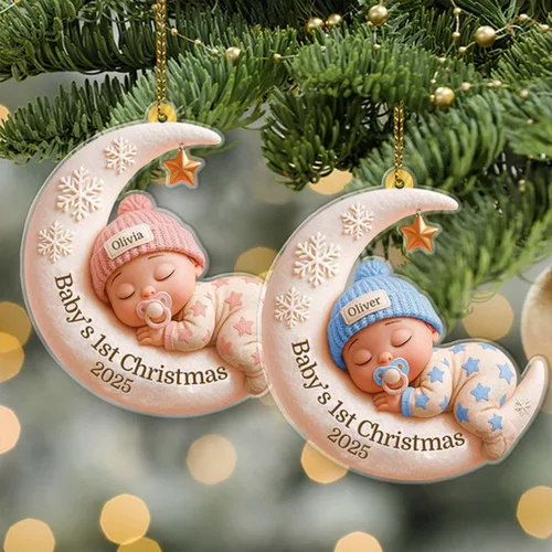 Vista 11 de DILYPOD Adorno personalizado para la primera Navidad del bebé 2025, recuerdo acrílico personalizado con efecto 3D de luna, regalo personalizado