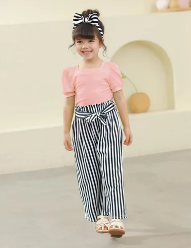Vista 30 de DONWEN Conjunto de 3 piezas de ropa para niñas pequeñas y niñas con cuello cuadrado + pantalones elegantes + diadema para primavera y verano
