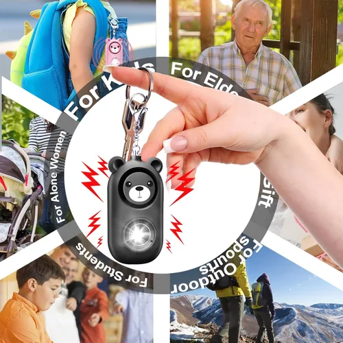 Vista 9 de Llavero de alarma de seguridad personal con luz LED, alerta de emergencia de 130 dB, diseño de oso recargable para mujeres, niños y niñas