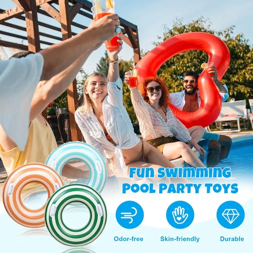 Vista 3 de Whaline 3 piezas de tubo inflable para piscina con asas, retro, naranja, verde, azul, rayas, anillos de piscina, flotadores, tubo para tumbonas