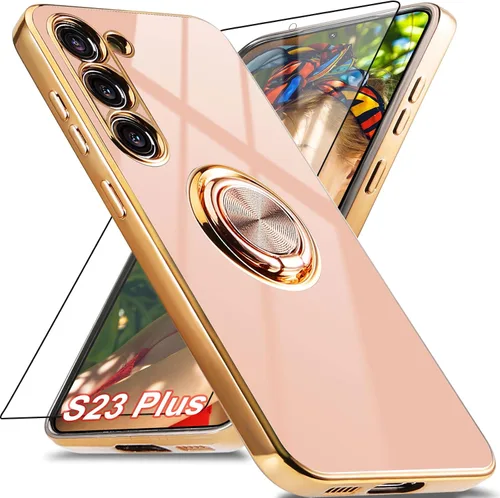Vista 10 de Funda para Samsung Galaxy S23 Ultra 5G, soporte de anillo de rotación de 360° incorporado, soporte magnético, borde chapado brillante de lujo, Verde