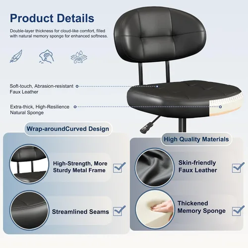 Vista 4 de Misolant Silla de tocador con respaldo, pequeña silla de oficina sin brazos con ruedas y soporte lumbar, cómodas sillas de escritorio de piel Negro