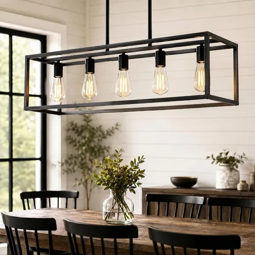 Vista 10 de Iluminación negra para isla de cocina, moderna lámpara rectangular de jaula lineal, 3 luces, lámpara colgante de metal industrial para granja