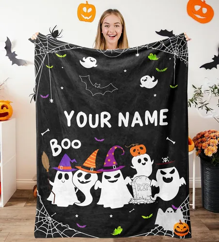 Vista 16 de Manta de Halloween personalizada con nombre, mantas de Halloween personalizadas para niños, Halloween personalizada para niños y niñas, bonita manta