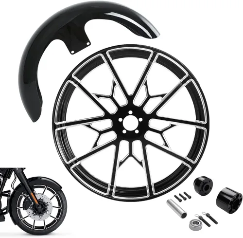 Vista 50 de TCMT Llanta de rueda delantera de 21", buje de rueda de brida de doble disco con guardabarros delantero negro sin pintar, compatible con modelos