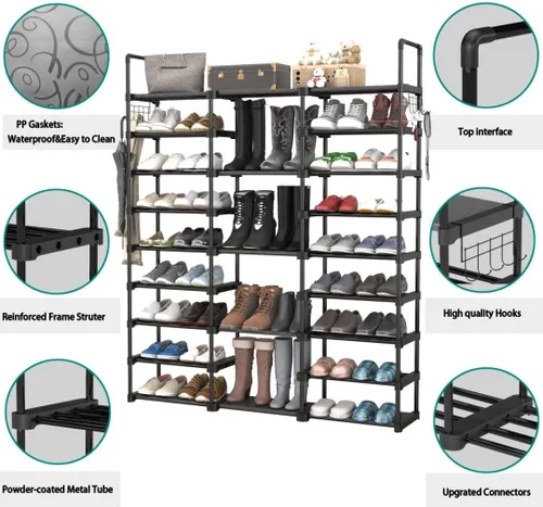 Vista 9 de Zapatero de 9 niveles para entrada, organizador de zapatos con gancho, estante de almacenamiento de zapatos, estante largo apilable para zapatos