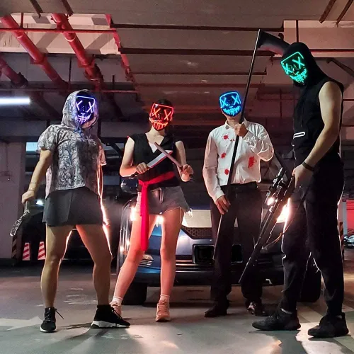 Vista 6 de Paquete de 2 máscaras de Purga de Halloween, máscara de luz LED, máscara de miedo para hombres, niños, cosplay, Halloween, fiestas de máscaras