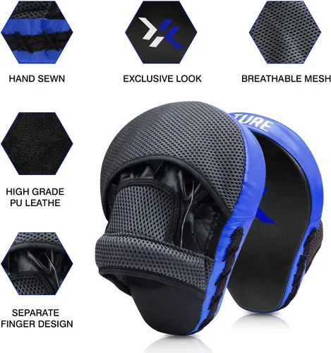 Vista 3 de Xnature Curved Boxing Focus Mitts, MMA Punching Pads, Shock Absorbing Hook & Jab Training Pads for Boxing, Muay Thai & Kickboxing, Martial Arts Azul