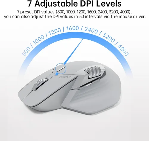 Vista 6 de Rapoo MT760Mini Ratón Inalámbrico Bluetooth - Bluetooth 5.0 y 2.4GHz Conexión Multi-Modo, Compatible con 4 Dispositivos, Tecnología M+ Cross Gris