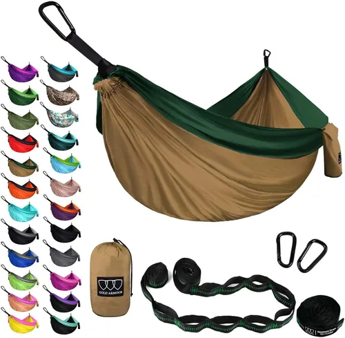 Vista 26 de Gold Armour Hamaca de camping – Hamaca doble XL, hamaca portátil, accesorios de camping, equipo para exteriores e interiores con correas de árbol