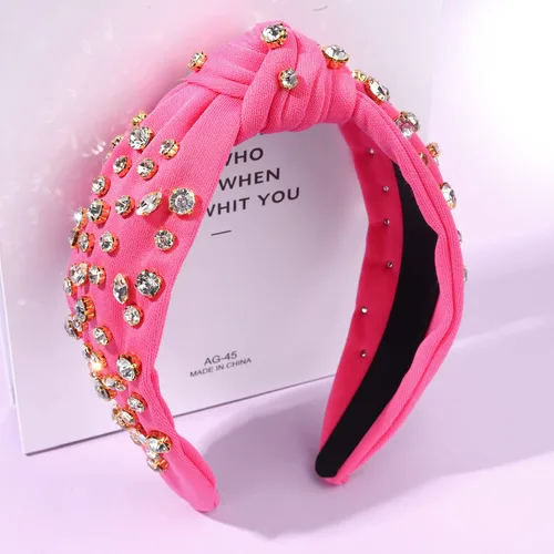 Vista 5 de Diadema anudada de cristal para mujer, diadema de nudo ancho adornado con cristal, diadema de moda para mujer, accesorios para el cabello Rosa Rojo