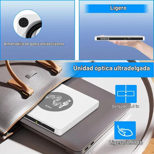 Vista 3 de BUNUD Unidad externa ultra delgada de CD y DVD, Plug & Play para portátil