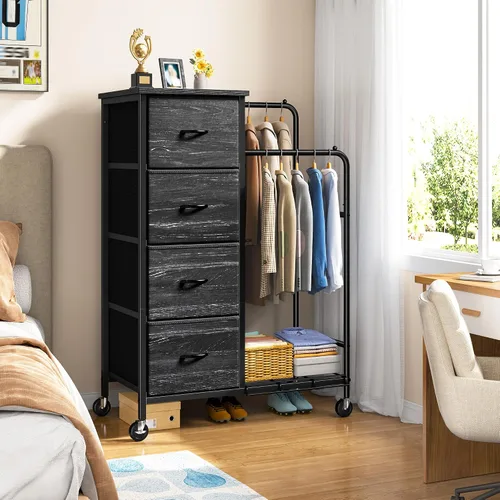 Vista 6 de Romorgniz Cómoda 3 en 1 con estante para colgar, 4 cajones de tela con doble perchero y ruedas, organizador alto de armario para dormitorio, Negro