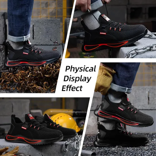 Vista 6 de GLANOUDUN Zapatos de punta de acero para hombre, zapatos de trabajo ligeros para hombres, zapatos de trabajo negros con punta de acero, zapatos