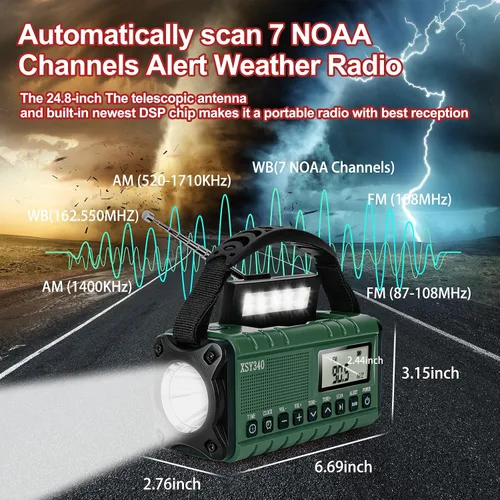Vista 2 de Radio de emergencia NOAA de alerta meteorológica con energía solar y manivela de mano USB-C carga portátil radio AM/FM 3W, lámpara de lectura