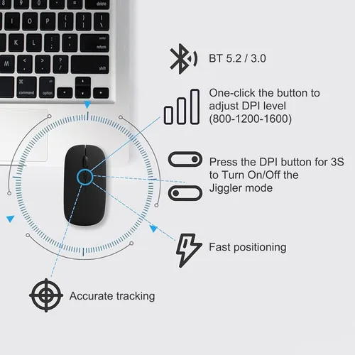 Vista 4 de Mouse inalámbrico para MacBook Air iMac Mac Pro Laptop Computer, Mouse inalámbrico silencioso recargable USB C con Jiggler para Surface Pro