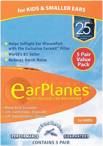 Vista 2 de EarPlanes Tapones para los oídos para niños, tamaño pequeño, 1 par (paquete de 5)
