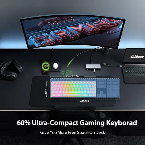 Vista 5 de RK ROYAL KLUDGE RK61 Teclado mecánico con cable 60% para juegos programable QMKVIA RGB retroiluminado 61 teclas ultra compacto intercambiable