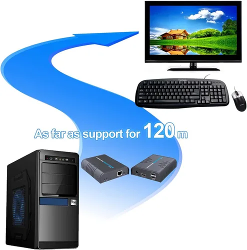 Vista 2 de AGPTEK Extensor KVM USB HDMI sobre cable Ethernet de un solo gato 5/5E/6/7 - Extensión de señal de hasta 393.7 ft/365 pies - Soporte USB