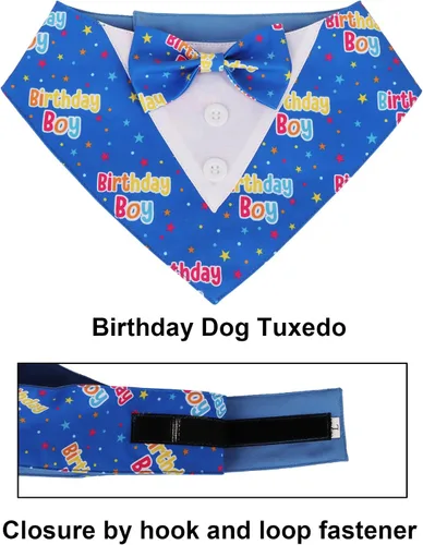 Vista 5 de ADOGGYGO Bandana de esmoquin para perro de cumpleaños, collar azul con corbatín, disfraz formal ajustable de cumpleaños para perros extra pequeños
