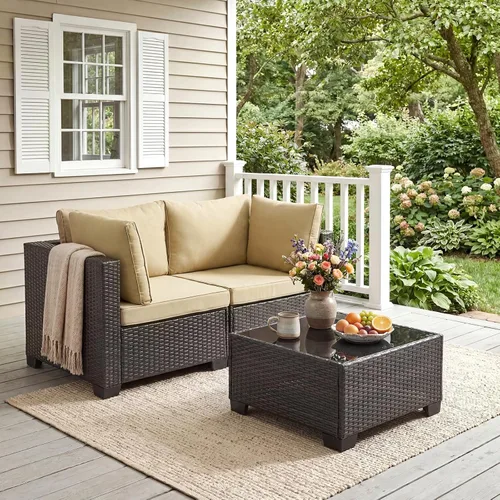 Vista 15 de ANJ Juego de muebles de mimbre para patio de 3 piezas, sofá modular de dos plazas con mesa de centro de cristal, juego de sofá de conversación