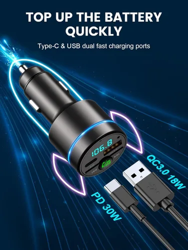 Vista 3 de RIWUSI Transmisor FM para automóvil Bluetooth 5.3, [Todo Metal] PD 30 W y QC3.0 18 W cargador rápido para automóvil, Kit de radio FM inalámbrica