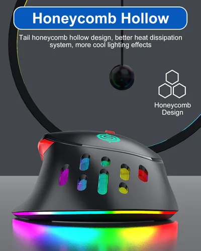 Vista 5 de Ratón para juegos con cable RGB, mouse de computadora programable de 9 teclas con 6 DPI ajustables hasta 6400, hueco de panal, luces LED coloridas