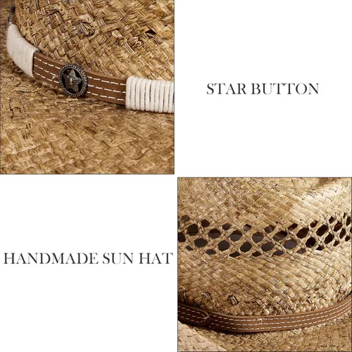 Vista 4 de MIX BROWN Sombreros de vaquero de paja, sombrero de vaquero occidental, sombrero de ranchero para hombres y mujeres, exquisita banda de decoración